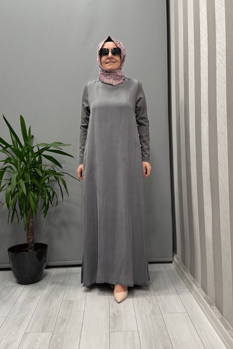Miss Dalida Yanları Düğmeli Cupro Elbise Antrasit T25Y-4052