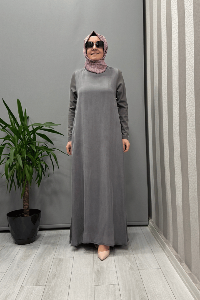 Miss Dalida Yanları Düğmeli Cupro Elbise Antrasit T25Y-4052