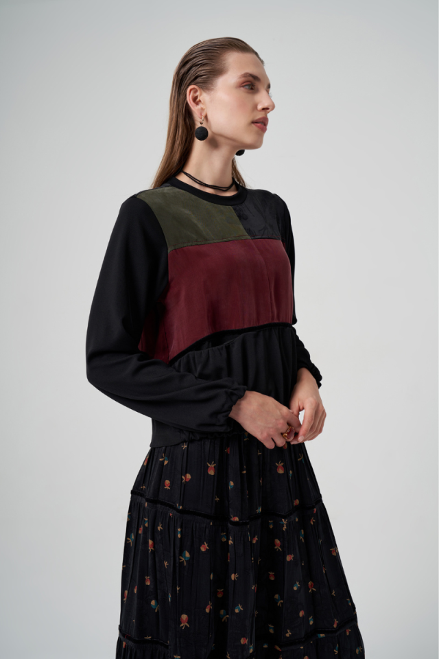 MissWhence Cupro İpek Patchwork Tunik Takım Siyah 36005