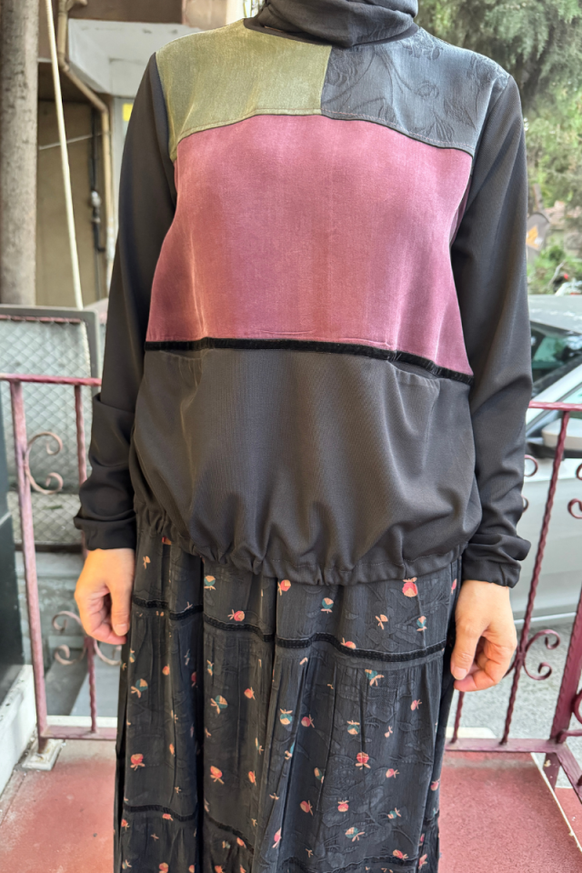 MissWhence Cupro İpek Patchwork Tunik Takım Siyah 36005