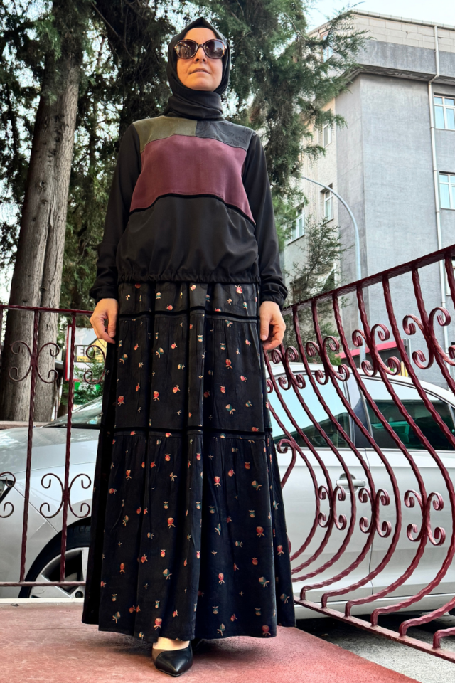 MissWhence Cupro İpek Patchwork Tunik Takım Siyah 36005