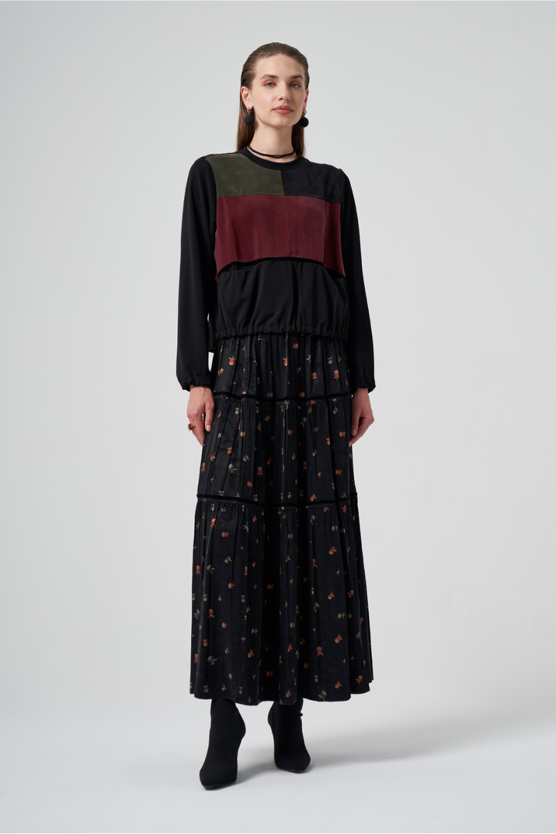 MissWhence Cupro İpek Patchwork Tunik Takım Siyah 36005