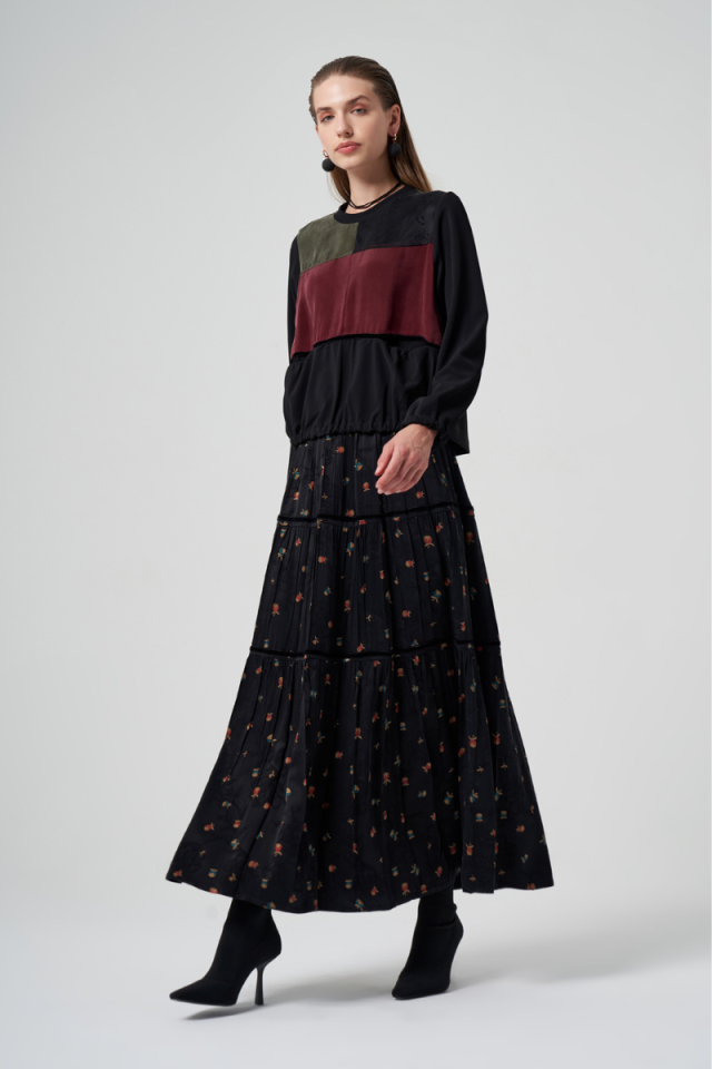 MissWhence Cupro İpek Patchwork Tunik Takım Siyah 36005