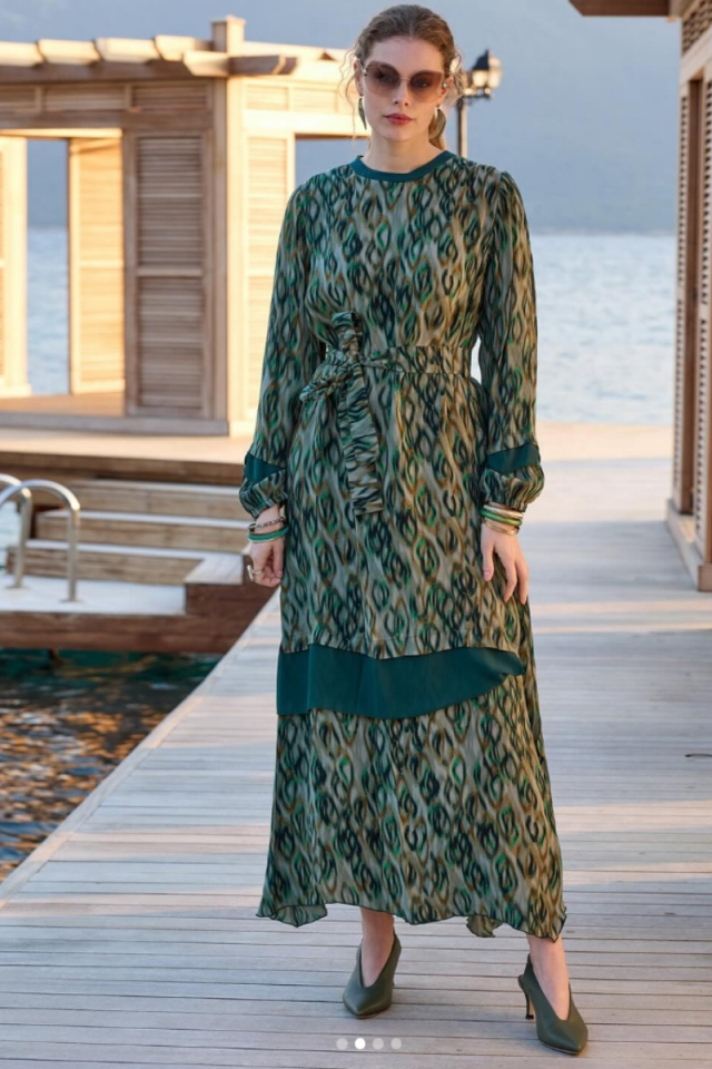 MissWhence Chiffon Detailed Patterned Silk Dress Green 35837