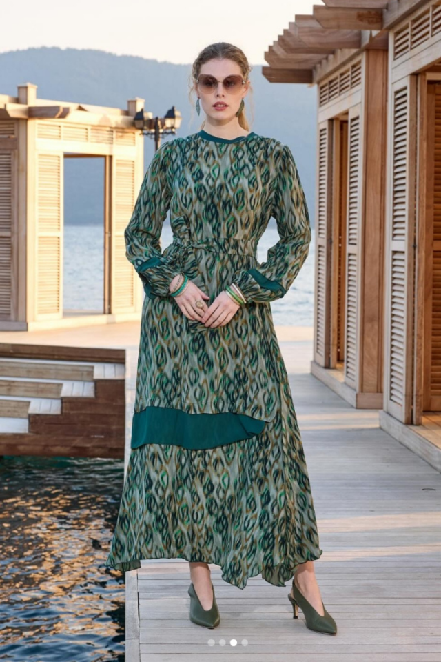 MissWhence Chiffon Detailed Patterned Silk Dress Green 35837