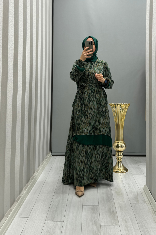 MissWhence Chiffon Detailed Patterned Silk Dress Green 35837