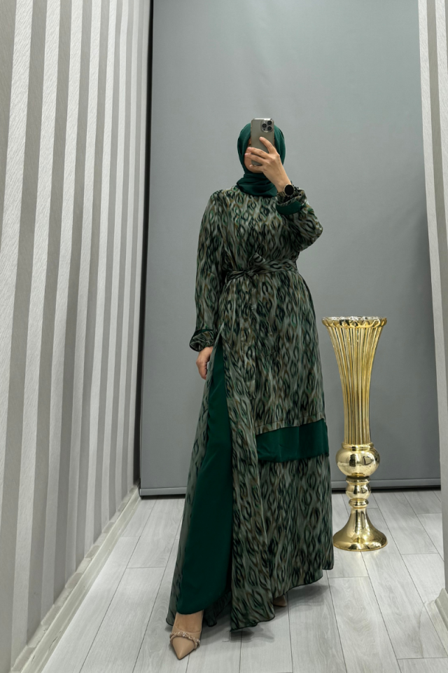 MissWhence Chiffon Detailed Patterned Silk Dress Green 35837