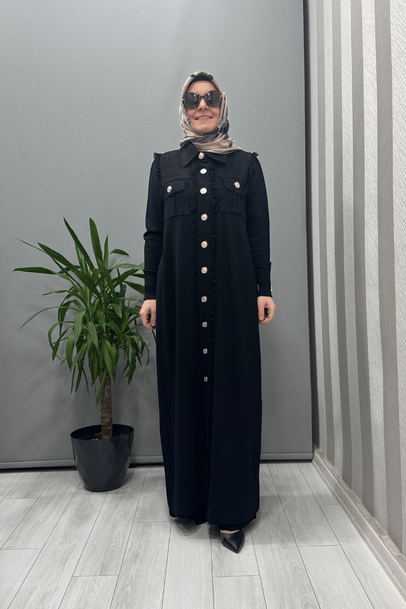Miss Dalida Püskül ve DÜğme Detaylı Klasik Hırka Siyah T25Y-9016