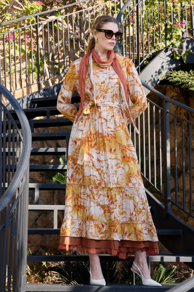 Misswhence Patterned Silk Dress Orange 35808