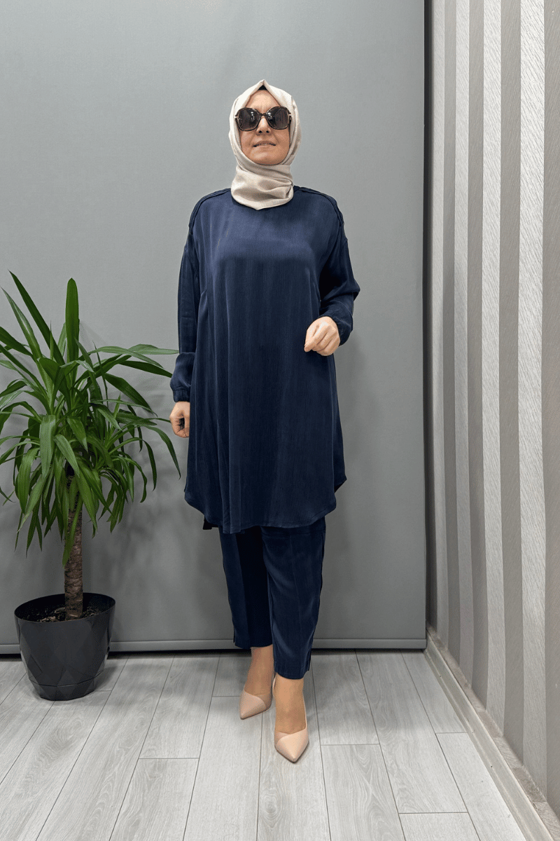 Misswhence Saten İpek Tunik Pantolon Takım Lacivert 37017