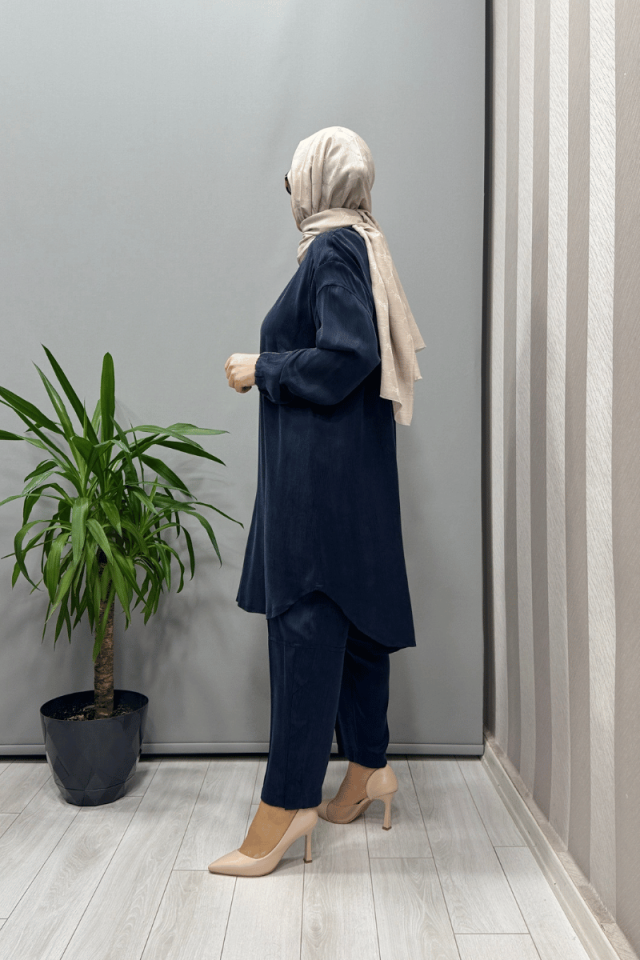 Misswhence Saten İpek Tunik Pantolon Takım Lacivert 37017