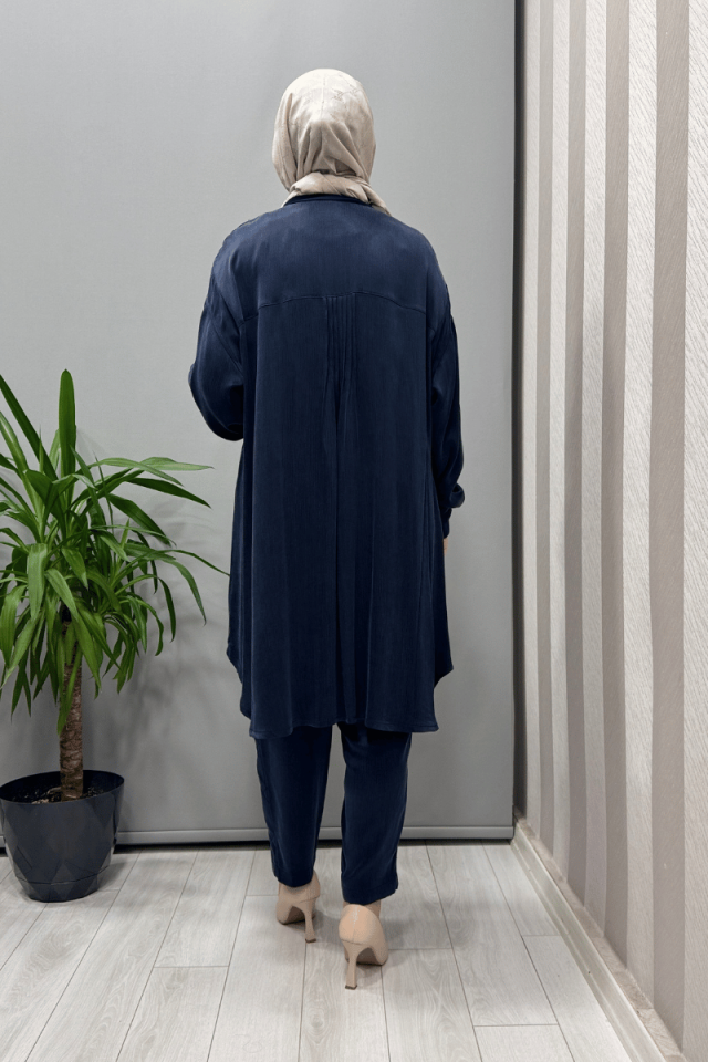 Misswhence Saten İpek Tunik Pantolon Takım Lacivert 37017