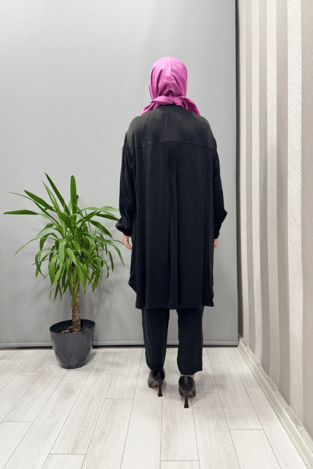 Misswhence Saten İpek Tunik Pantolon Takım Siyah 37017