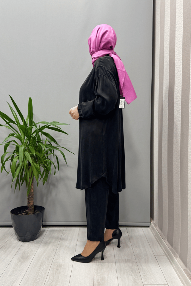 Misswhence Saten İpek Tunik Pantolon Takım Siyah 37017