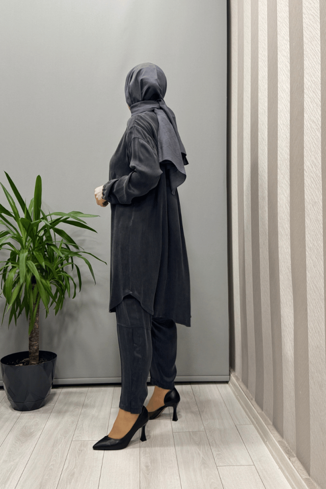 Misswhence Saten İpek Tunik Pantolon Takım Antrasit 37017