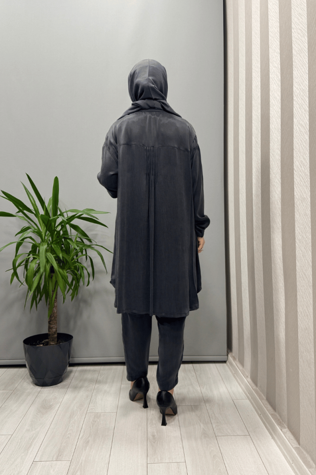 Misswhence Saten İpek Tunik Pantolon Takım Antrasit 37017