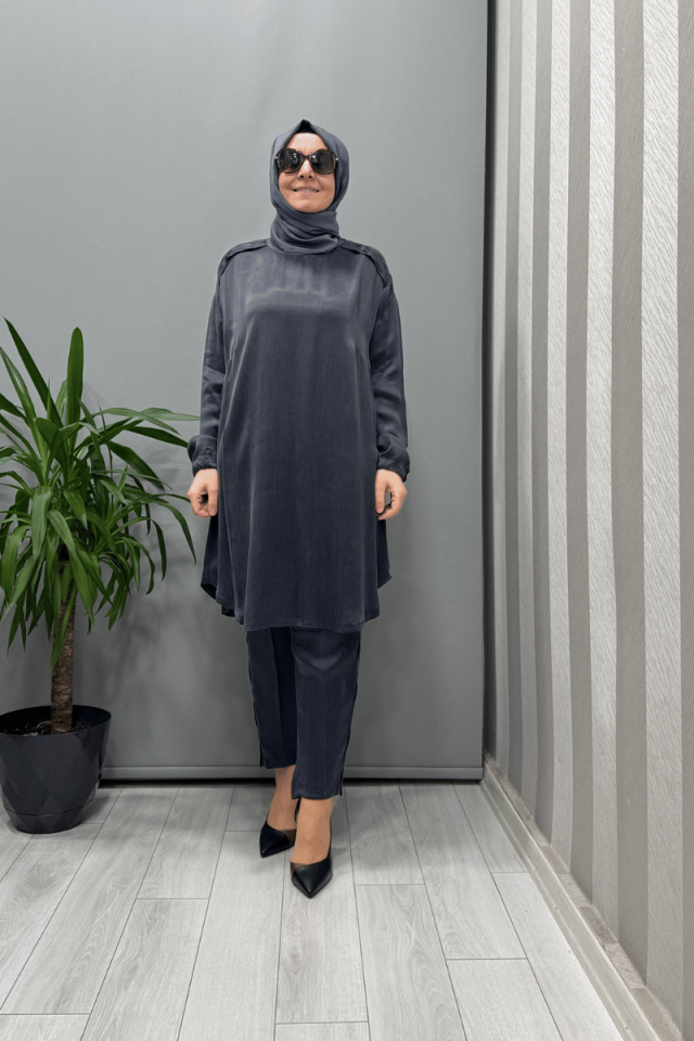 Misswhence Saten İpek Tunik Pantolon Takım Antrasit 37017