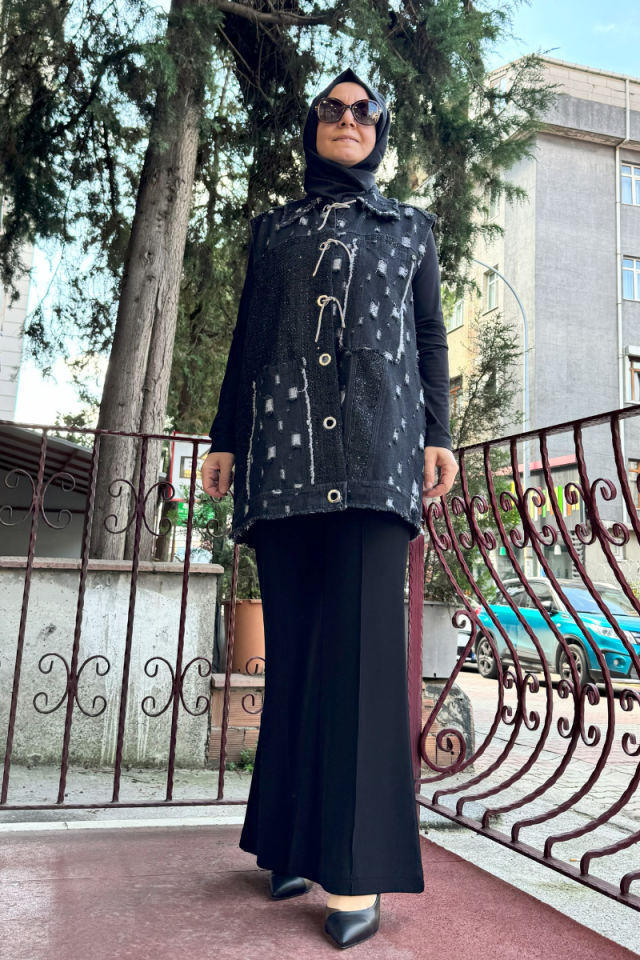 Ghisa Chanel Kumaş Detaylı Kot Yelek Siyah 5KGSYLK3976