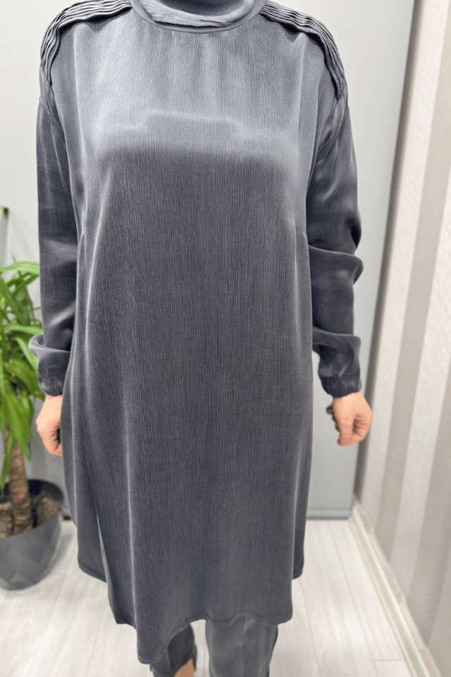Misswhence Saten İpek Tunik Pantolon Takım Antrasit 37017