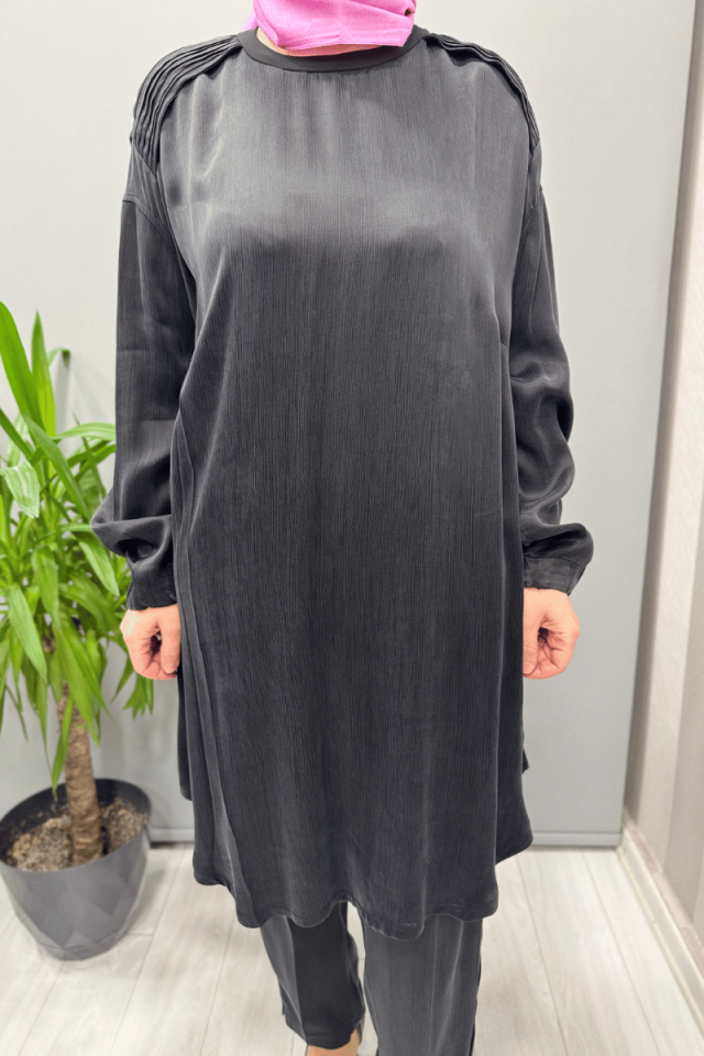 Misswhence Saten İpek Tunik Pantolon Takım Antrasit 37017