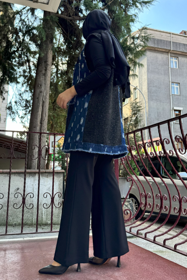 Ghisa Chanel Kumaş Detaylı Kot Yelek Mavi 5KGSYLK3976