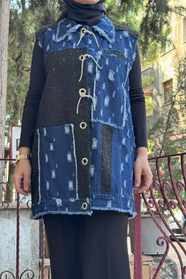 Ghisa Chanel Kumaş Detaylı Kot Yelek Mavi 5KGSYLK3976