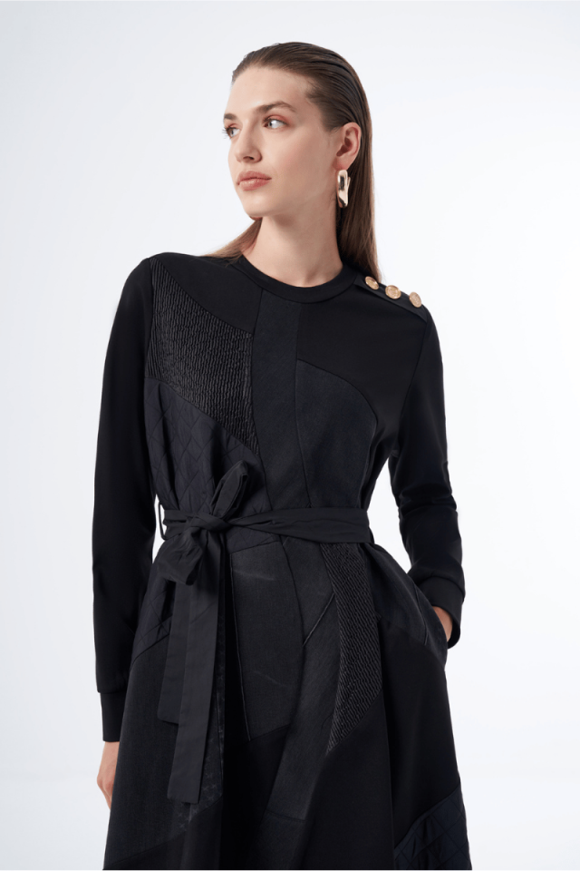 Misswhence Düğme Detaylı Patchwork Elbise Siyah 36804
