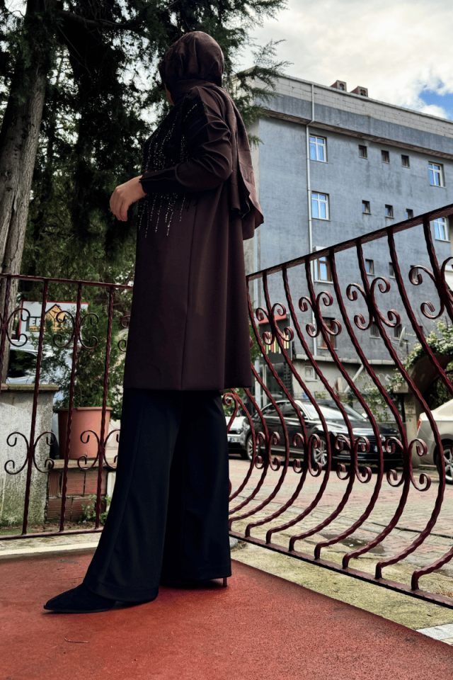 Misswhence Triko Görünümlü Taş Baskılı Tunik Kahve 36012
