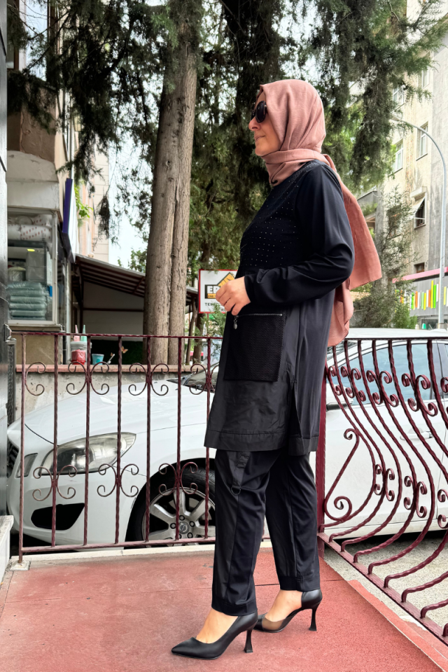 Almarwah Paraşüt Kumaş Detaylı Taşlı Spor Takım Siyah 202636