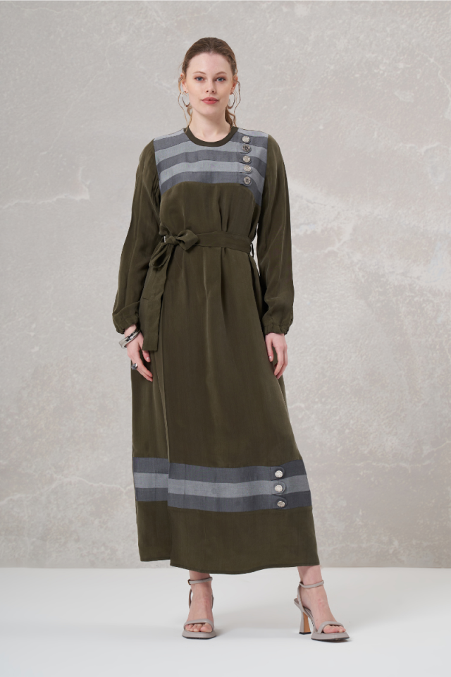 Misswhence Denim Detailed Silk Dress Khaki 35802