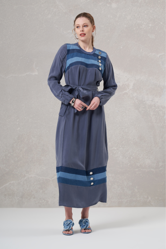 Misswhence Denim Detailed Silk Dress Gray 35802