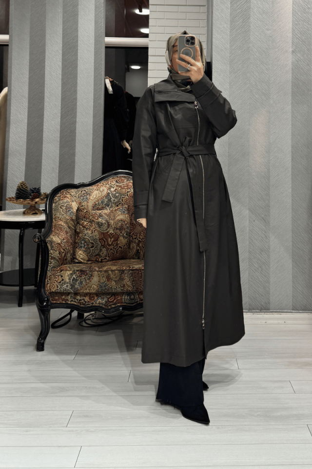Misswhence Yanlarından Fermuar Detaylı Pardesü Kahve 36536