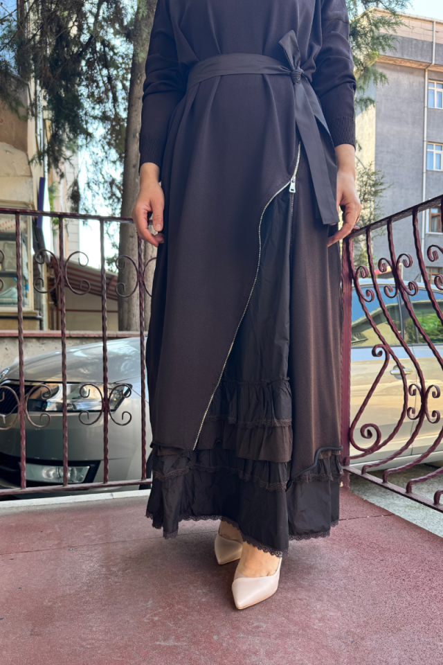 MissWhence Fermuar Detaylı Triko İkili Elbise Kahve 36834