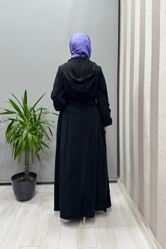 Misswhence Kapüşonlu İpek Pardesü Siyah 37506