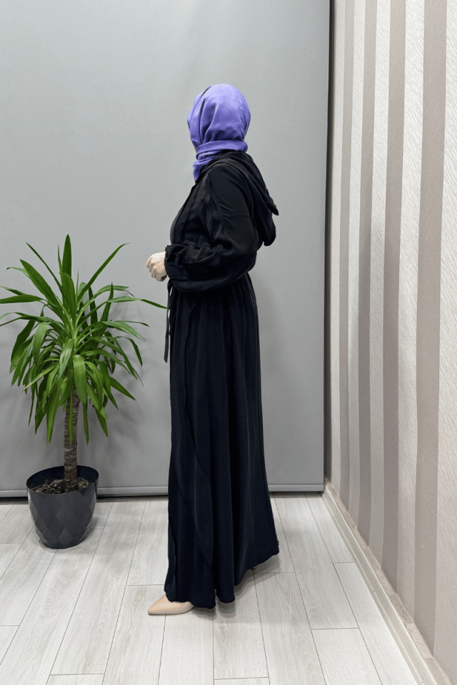 Misswhence Kapüşonlu İpek Pardesü Siyah 37506