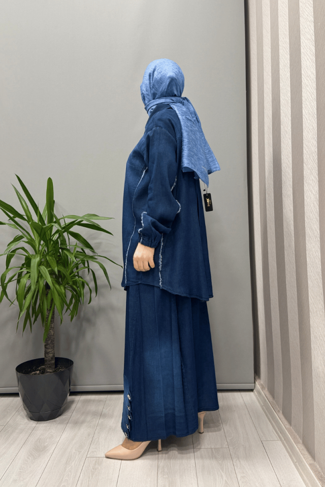 Misswhence Düğme Detaylı Kot Etek Takım Lacivert 37304