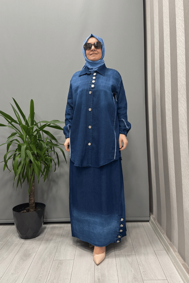 Misswhence Düğme Detaylı Kot Etek Takım Lacivert 37304