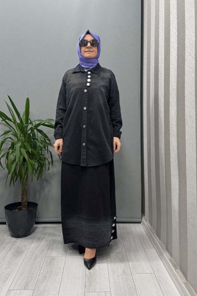 Misswhence Düğme Detaylı Kot Etek Takım Siyah 37304