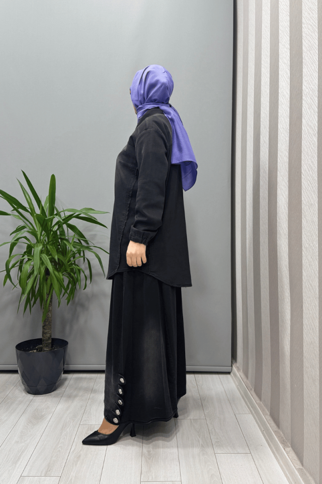Misswhence Düğme Detaylı Kot Etek Takım Siyah 37304