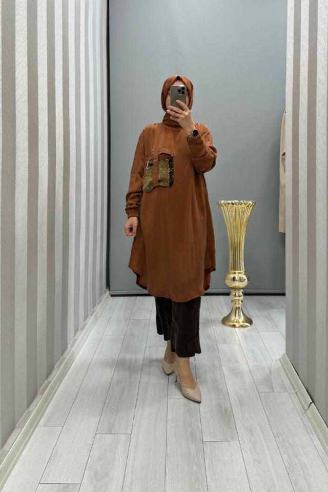 MissWhence Cep Detaylı İpek Tunik Turuncu 35005