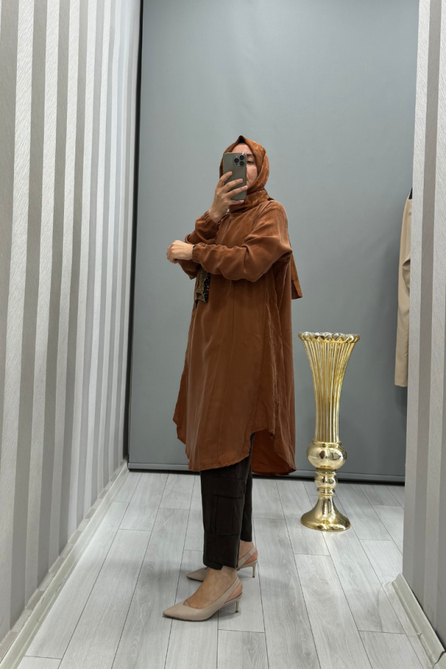 MissWhence Cep Detaylı İpek Tunik Turuncu 35005