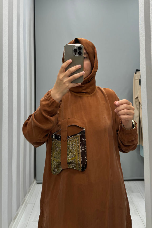 MissWhence Pocket Detailed Silk Tunic Orange 35005