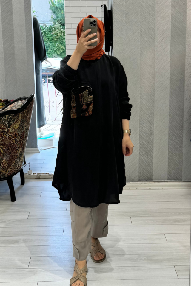MissWhence Pocket Detailed Silk Tunic Black 35005