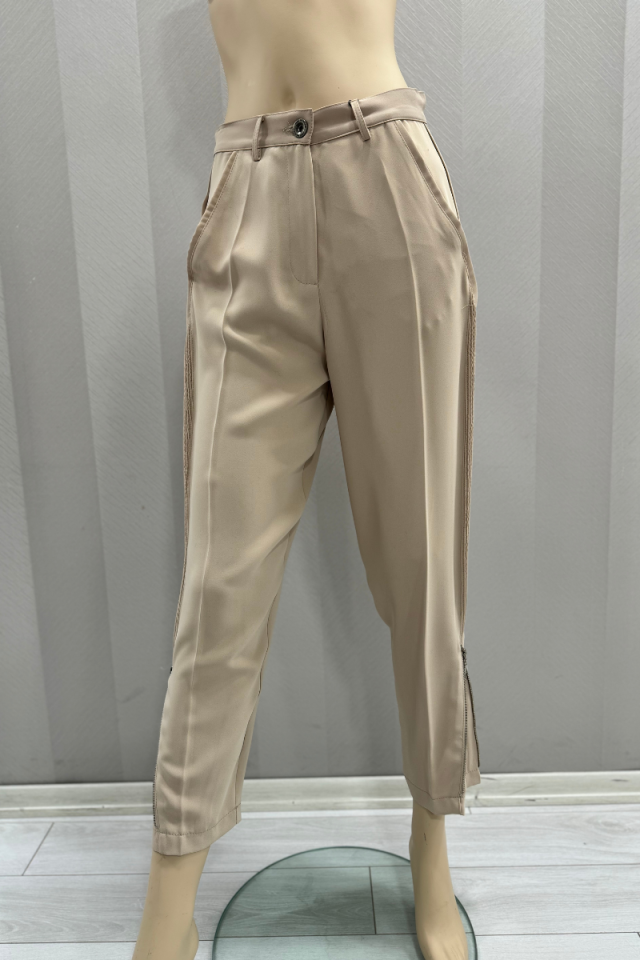 MissWhence Fabric Trousers with Drawstring and Zipper Detail-Stone 31115