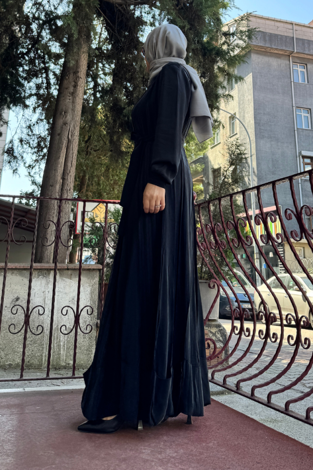 MissWhence Etek Ucu Katlamalı Parçalı İpek Elbise Siyah 36820