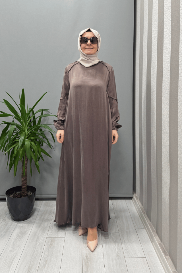 Misswhence Nervürlü Cepli İpek Saten Elbise Vizon 37801