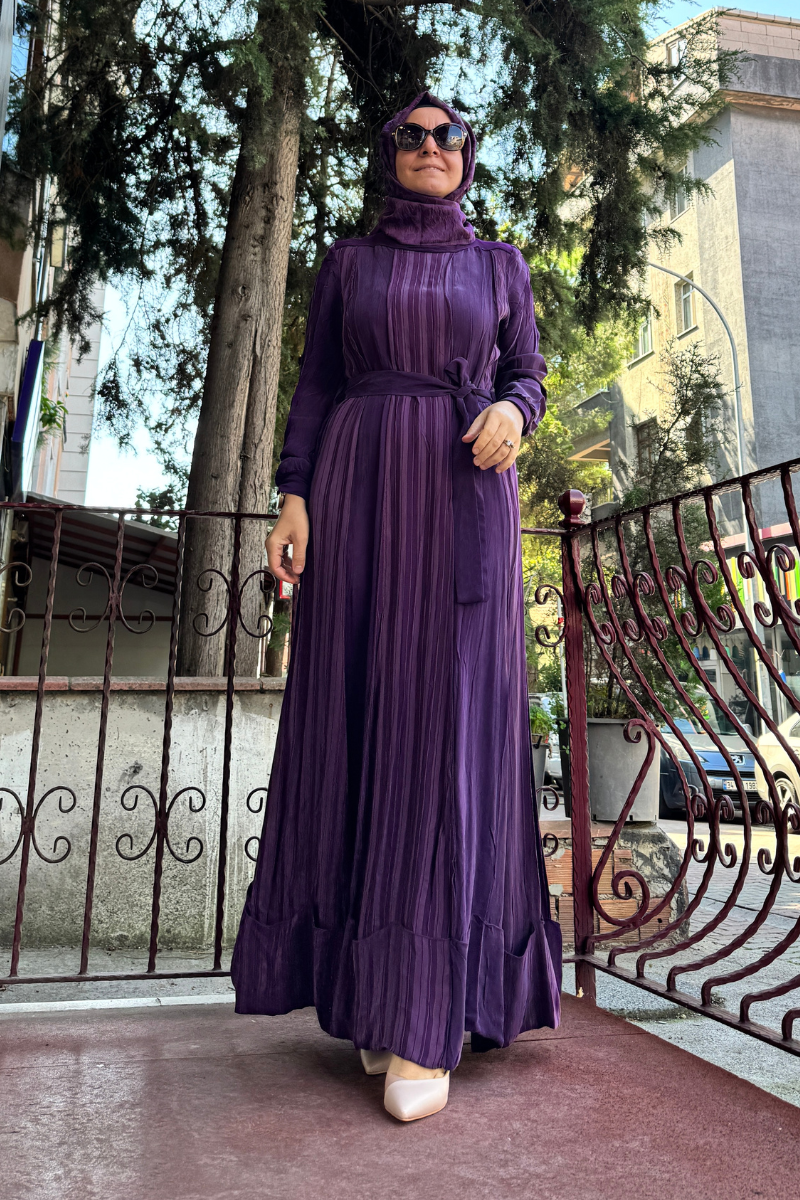 MissWhence Etek Ucu Katlamalı Parçalı İpek Elbise Mürdüm 36820