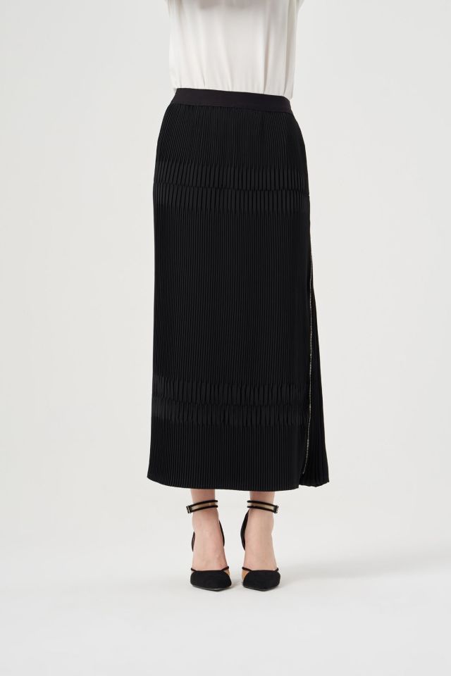 MissWhence Side Zipper Pleated Skirt Black 35901