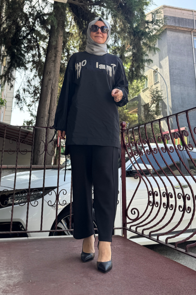 Ghisa Önü Taş İşlemeli Tunik Pantolon Takım Siyah 5KGSTKM4718