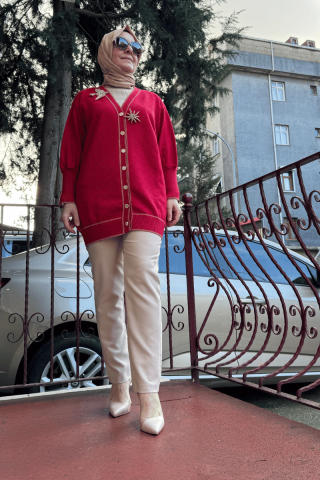 Ghisa Aksesuar Detaylı Triko Hırka Kırmızı 5KOBHRK3698